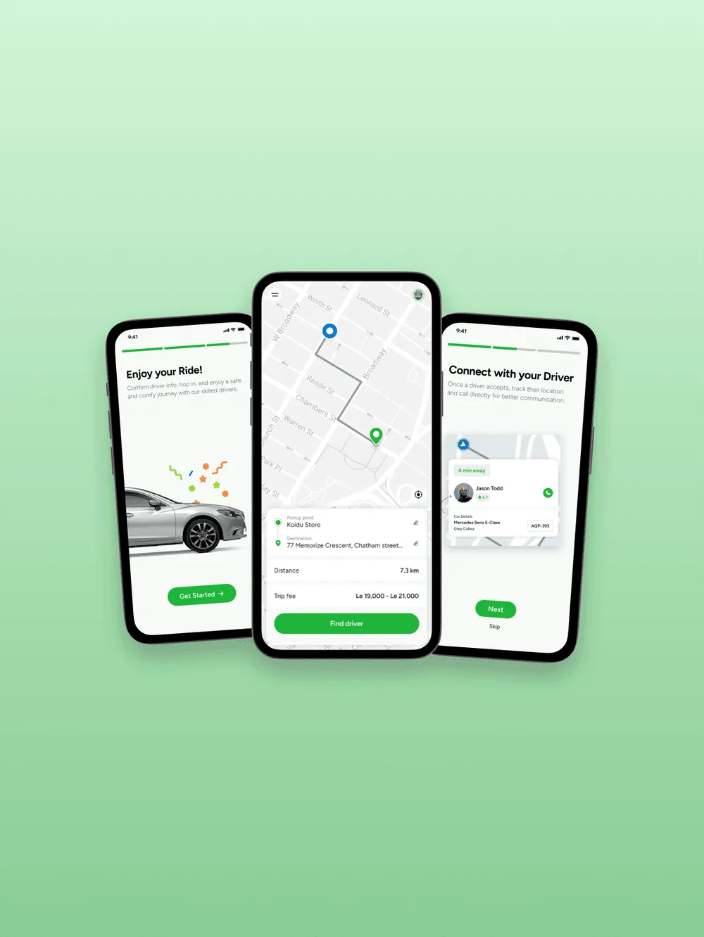 GoSalone rider app screens: onboarding, booking a trip on a map, and driver details