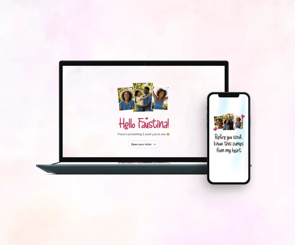 A personalised digital love letter shown on a laptop and a phone