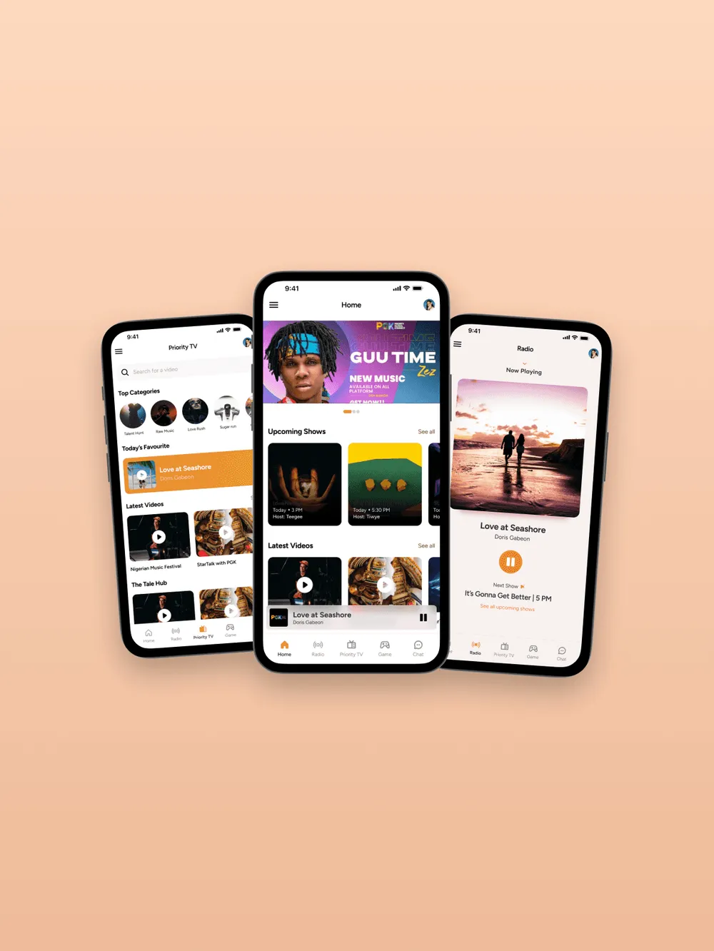 PGK app screens: Priority TV, the home feed with upcoming shows, and the radio player